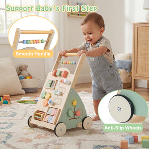 Wooden Baby Walker with Wheels and Storage Basket - Educational