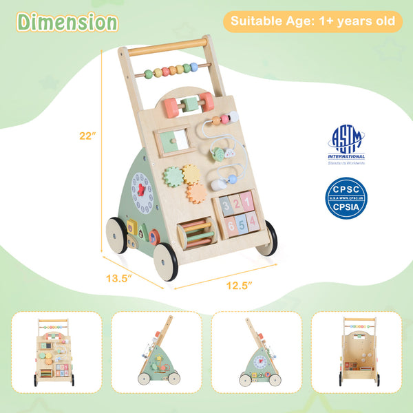 Wooden Baby Walker with Wheels and Storage Basket - Educational