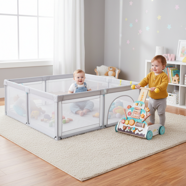 Wooden Baby Walker and Large Infant Playpen Bundle