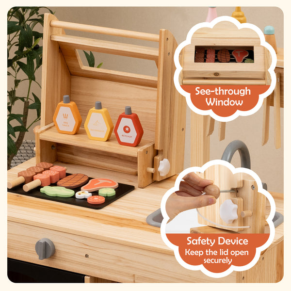 Wooden Barbecue Grill Playset with Chalkboard and Sink and Cabinet