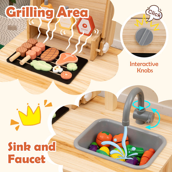 Wooden Barbecue Grill Playset with Chalkboard and Sink and Cabinet