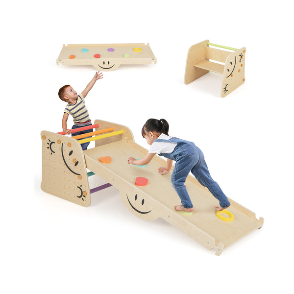 Wooden Climbing Toy Triangle Climber Set with Seesaw for Toddlers & Kids