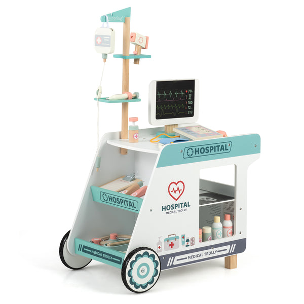 Wooden Doctor Playset for Kids Pretend Play Doctor Kit with Cart Gift for Toddlers Boys Girls Aged 3+