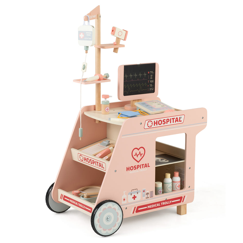 Wooden Doctor Playset for Kids Pretend Play Doctor Kit with Cart Gift for Toddlers Boys Girls Aged 3+