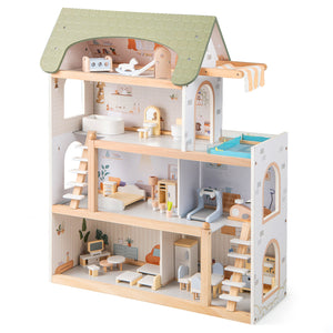 Wooden Dollhouse Kids DIY Pretend Playhouse with 33 PCS Furniture Accessories