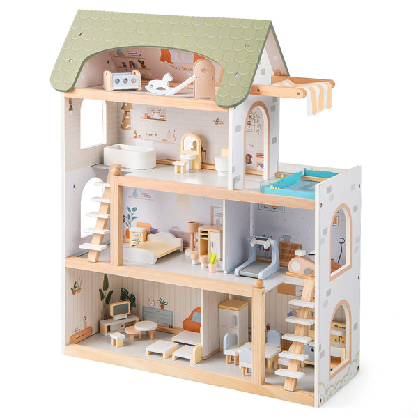 Wooden Dollhouse Kids DIY Pretend Playhouse with 33 PCS Furniture Accessories