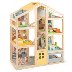 Wooden Dollhouse for Kids Modern Family Pretend Playhouse with Furniture Pieces and Figures