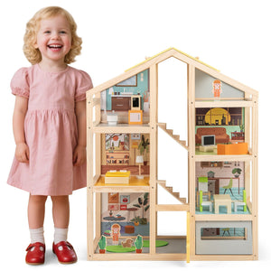 Wooden Dollhouse for Kids Modern Family Pretend Playhouse with Furniture Pieces and Figures