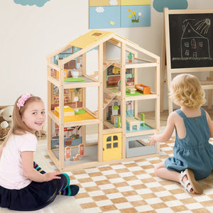 Wooden Dollhouse for Kids Modern Family Pretend Playhouse with Furniture Pieces and Figures