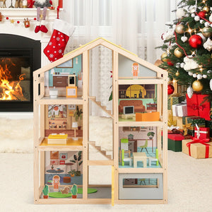 Wooden Dollhouse for Kids Modern Family Pretend Playhouse with Furniture Pieces and Figures