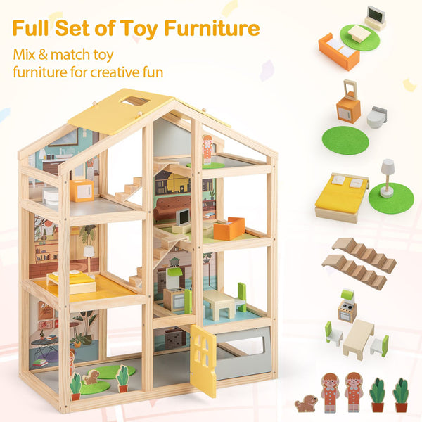 Wooden Dollhouse for Kids Modern Family Pretend Playhouse with Furniture Pieces and Figures