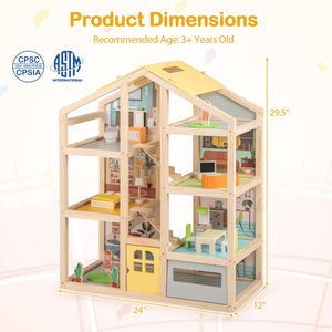 Wooden Dollhouse for Kids Modern Family Pretend Playhouse with Furniture Pieces and Figures