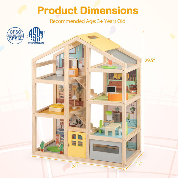 Wooden Dollhouse for Kids Modern Family Pretend Playhouse with Furniture Pieces and Figures