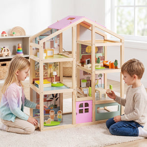 Wooden Dollhouse for Kids Modern Family Pretend Playhouse with Furniture Pieces and Figures