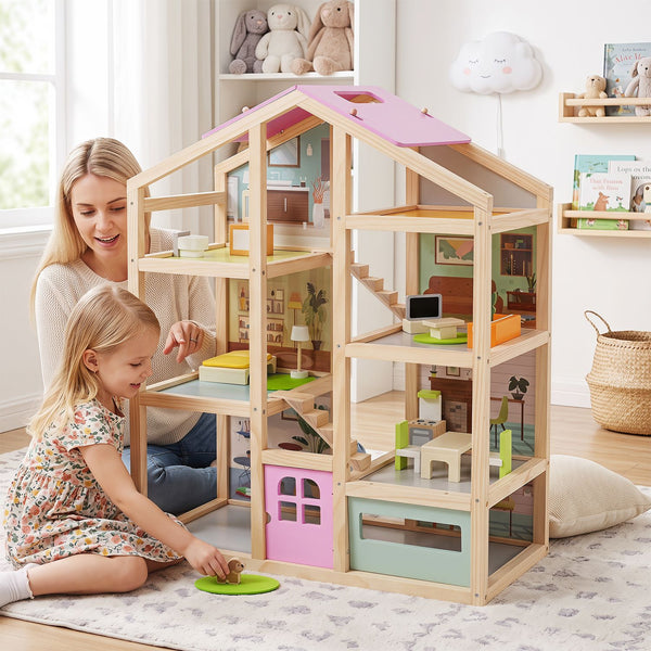 Wooden Dollhouse for Kids Modern Family Pretend Playhouse with Furniture Pieces and Figures