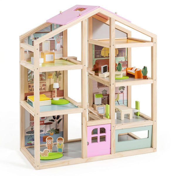 Wooden Dollhouse for Kids Modern Family Pretend Playhouse with Furniture Pieces and Figures
