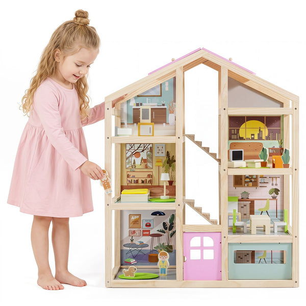 Wooden Dollhouse for Kids Modern Family Pretend Playhouse with Furniture Pieces and Figures
