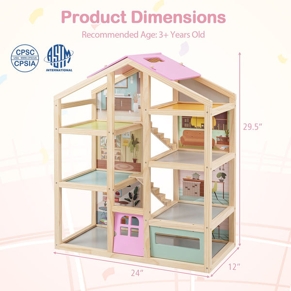 Wooden Dollhouse for Kids Modern Family Pretend Playhouse with Furniture Pieces and Figures