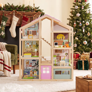 Wooden Dollhouse for Kids Modern Family Pretend Playhouse with Furniture Pieces and Figures