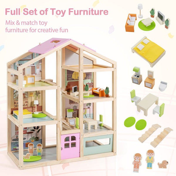 Wooden Dollhouse for Kids Modern Family Pretend Playhouse with Furniture Pieces and Figures