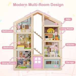 Wooden Dollhouse for Kids Modern Family Pretend Playhouse with Furniture Pieces and Figures