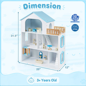 Wooden Dollhouse with 5 Rooms and Furniture Accessories for Kids