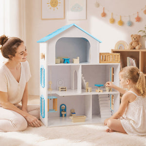 Wooden Dollhouse with 5 Rooms and Furniture Accessories for Kids