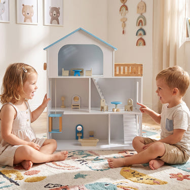 Wooden Dollhouse with 5 Rooms and Furniture Accessories for Kids