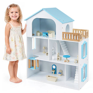 Wooden Dollhouse with 5 Rooms and Furniture Accessories for Kids