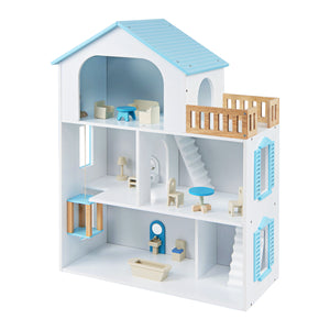 Wooden Dollhouse with 5 Rooms and Furniture Accessories for Kids