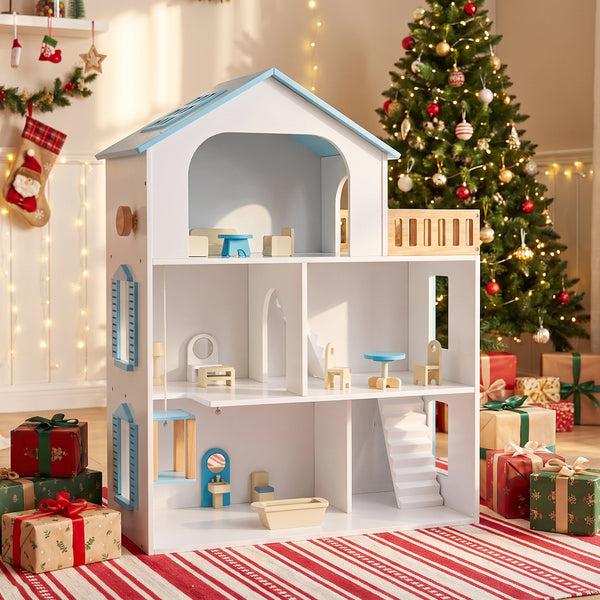 Wooden Dollhouse with 5 Rooms and Furniture Accessories for Kids