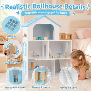 Wooden Dollhouse with 5 Rooms and Furniture Accessories for Kids