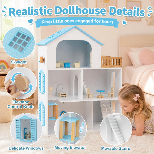 Wooden Dollhouse with 5 Rooms and Furniture Accessories for Kids