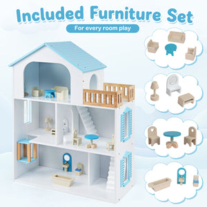 Wooden Dollhouse with 5 Rooms and Furniture Accessories for Kids