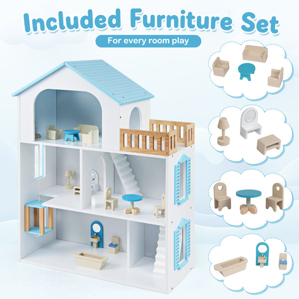 Wooden Dollhouse with 5 Rooms and Furniture Accessories for Kids