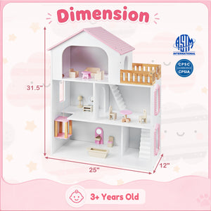 Wooden Dollhouse with 5 Rooms and Furniture Accessories for Kids
