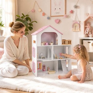 Wooden Dollhouse with 5 Rooms and Furniture Accessories for Kids