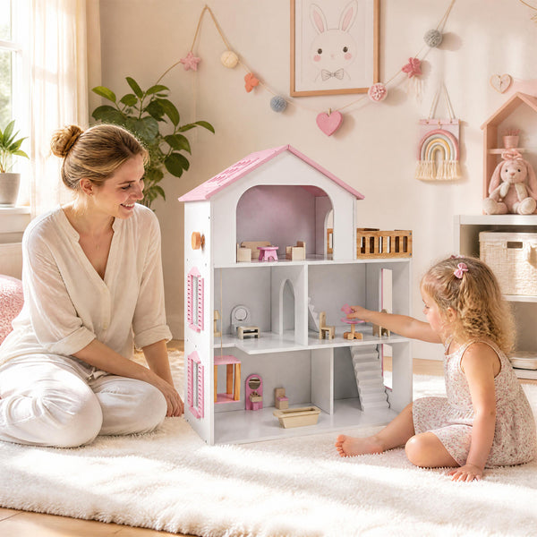 Wooden Dollhouse with 5 Rooms and Furniture Accessories for Kids