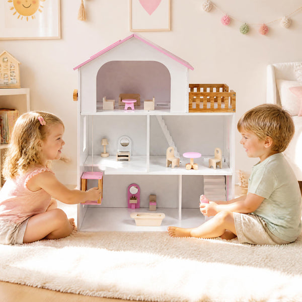Wooden Dollhouse with 5 Rooms and Furniture Accessories for Kids