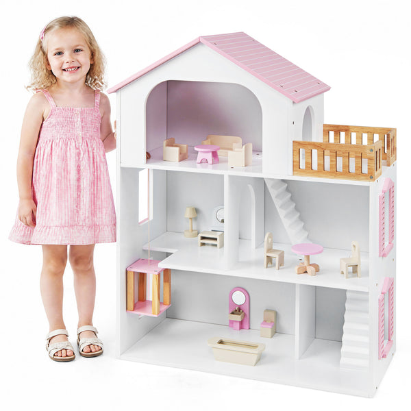 Wooden Dollhouse with 5 Rooms and Furniture Accessories for Kids