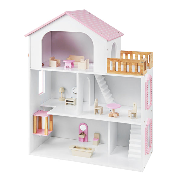 Wooden Dollhouse with 5 Rooms and Furniture Accessories for Kids