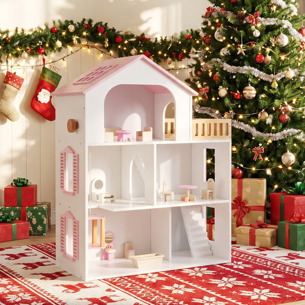 Wooden Dollhouse with 5 Rooms and Furniture Accessories for Kids