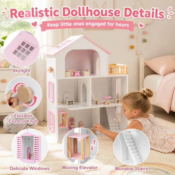 Wooden Dollhouse with 5 Rooms and Furniture Accessories for Kids