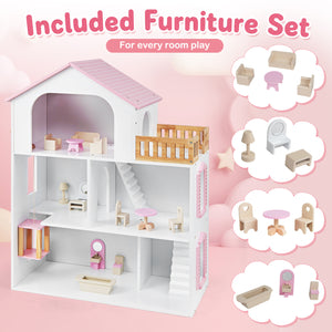 Wooden Dollhouse with 5 Rooms and Furniture Accessories for Kids