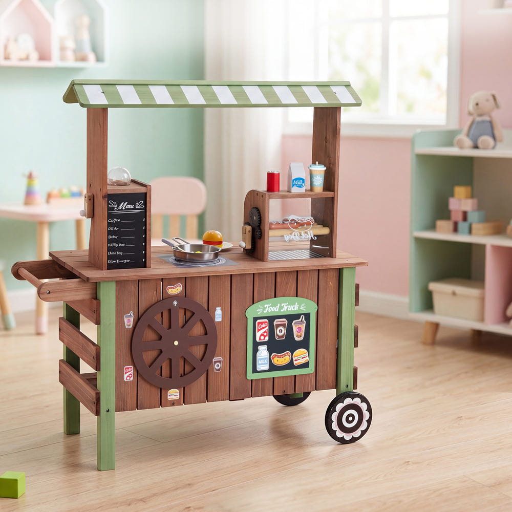 Wooden Grocery Store Playset for Kids with Large Wheels