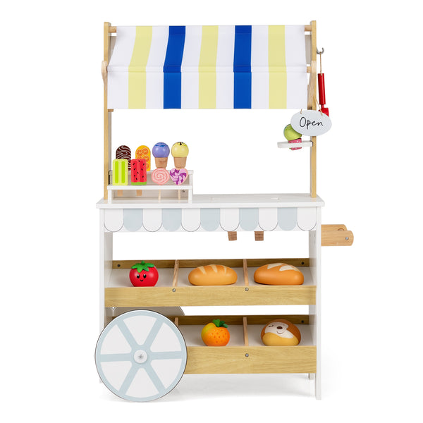 Wooden Ice Cream Cart for Kids 2-in-1 Grocery Store Playset with Display Shelves