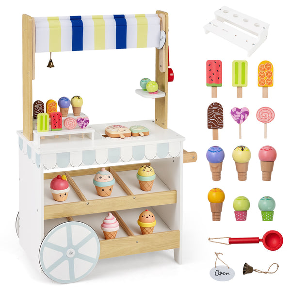Wooden Ice Cream Cart for Kids 2-in-1 Grocery Store Playset with Display Shelves
