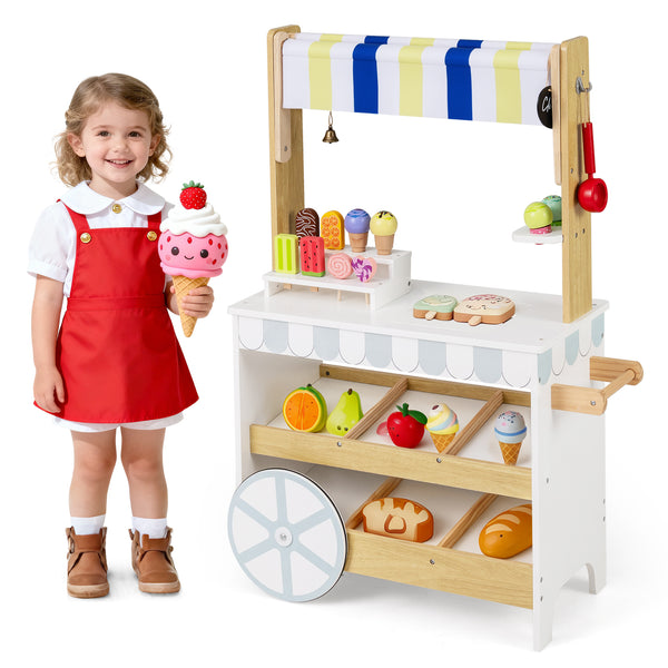 Wooden Ice Cream Cart for Kids 2-in-1 Grocery Store Playset with Display Shelves