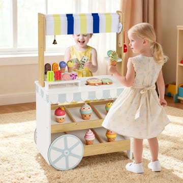 Wooden Ice Cream Cart for Kids 2-in-1 Grocery Store Playset with Display Shelves