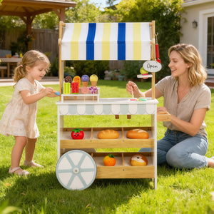 Wooden Ice Cream Cart for Kids 2-in-1 Grocery Store Playset with Display Shelves